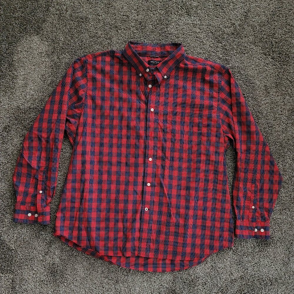 **Nautica Shirt Adult XXL Red Plaid Long Sleeve Casual Button Up Pocket Mens 2XL